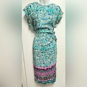 Elegant Blue and Pink Ruched Midi Dress with Flutter Sleeves